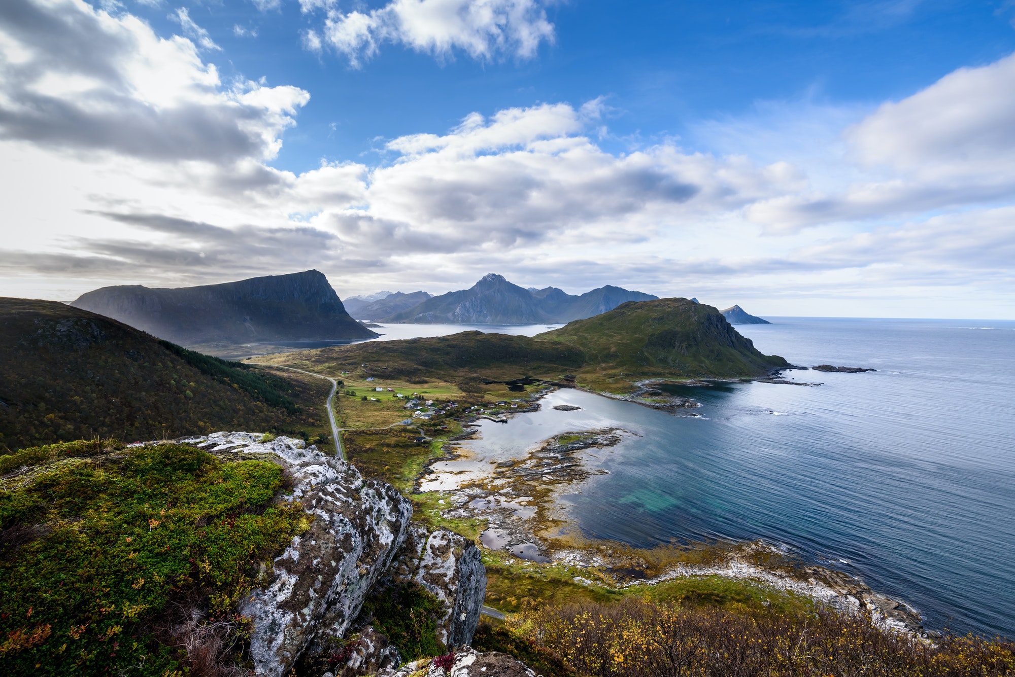 view of Beautiful mountain landscape with Norwegian sea, lofoten, Norway